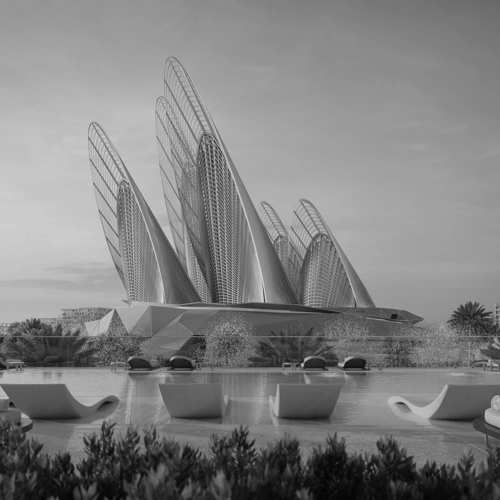 Sculptural architecture reflected in the water in Abu Dhabi