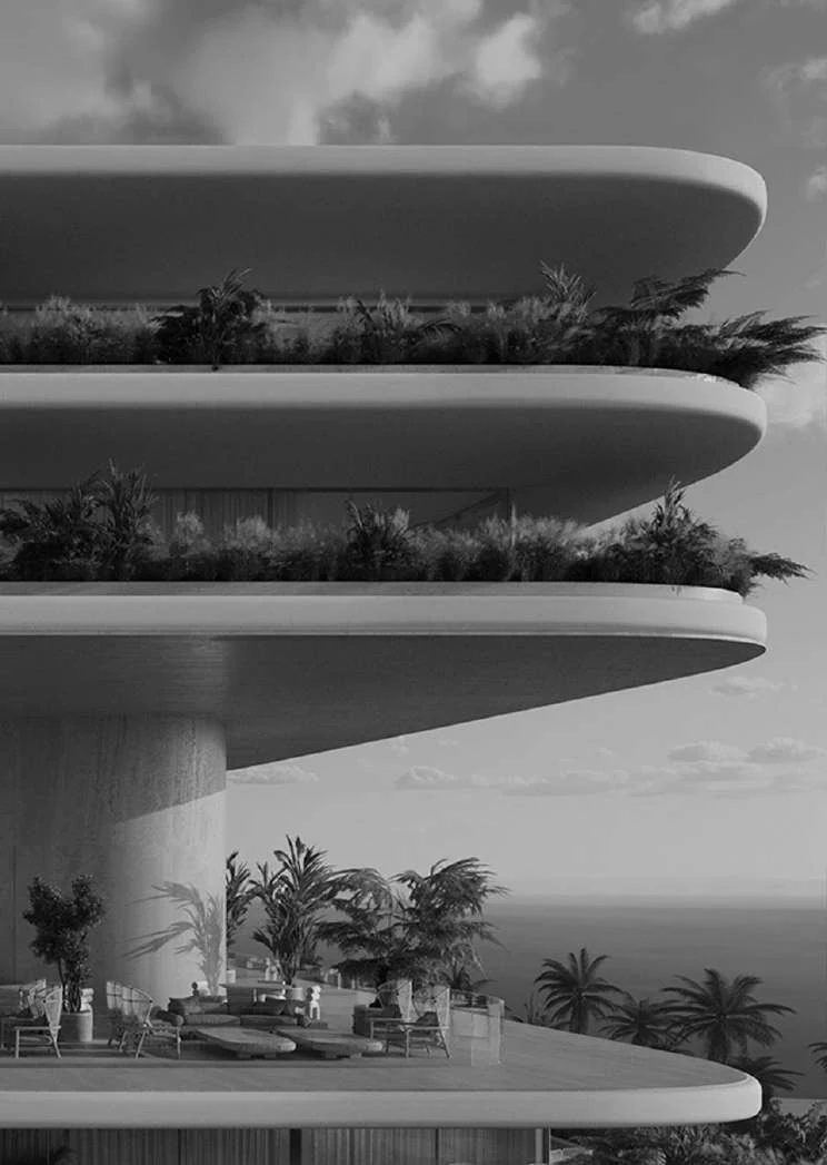 Sculptural balconies and layered greenery in monochrome